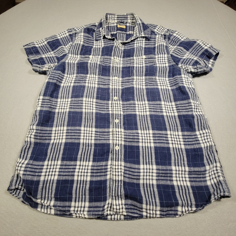Men's Tre Vero Linen Shirt Blue White Plaid Button Down Short Sleeve Size XL‎